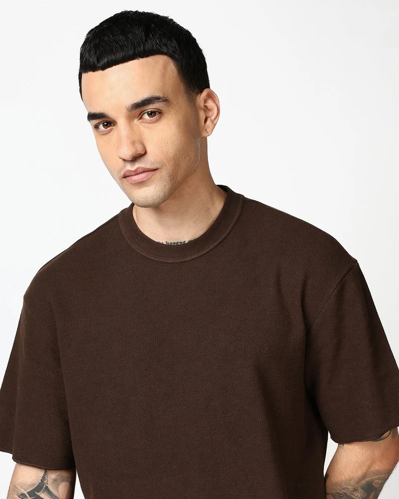 bewakoof Men's Brown Textured Oversized T-shirt